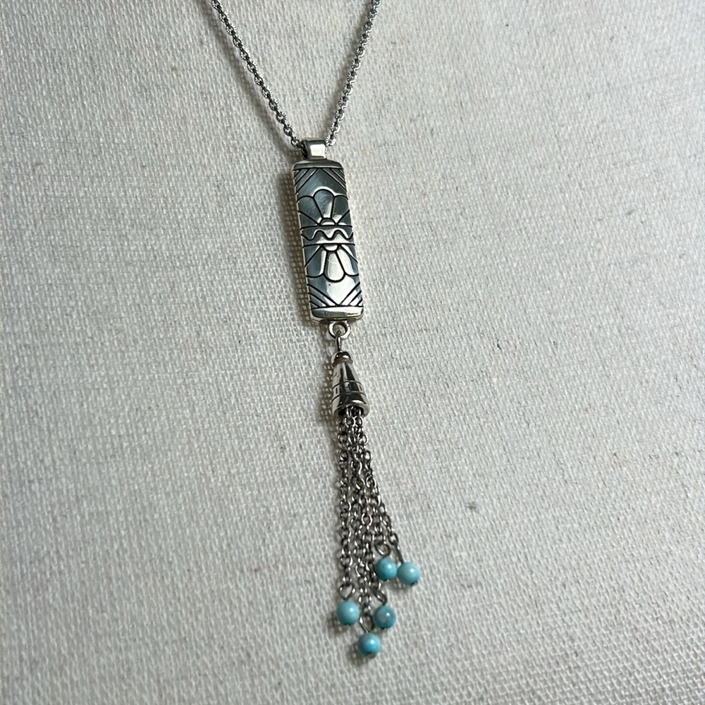 Brighton Marrakesh Mesa Necklace Tassel Turquoise Hue Silver Plated Etched Bar - Picture 13 of 15